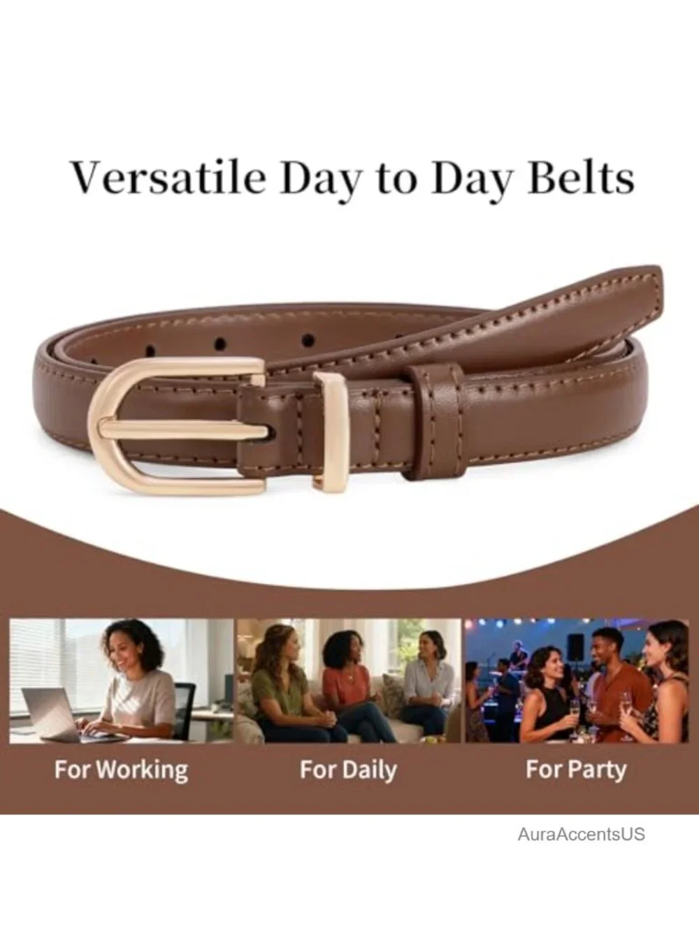 Women Genuine Leather Thin Belt with Gold Pin Buckle for Jeans & Dresses